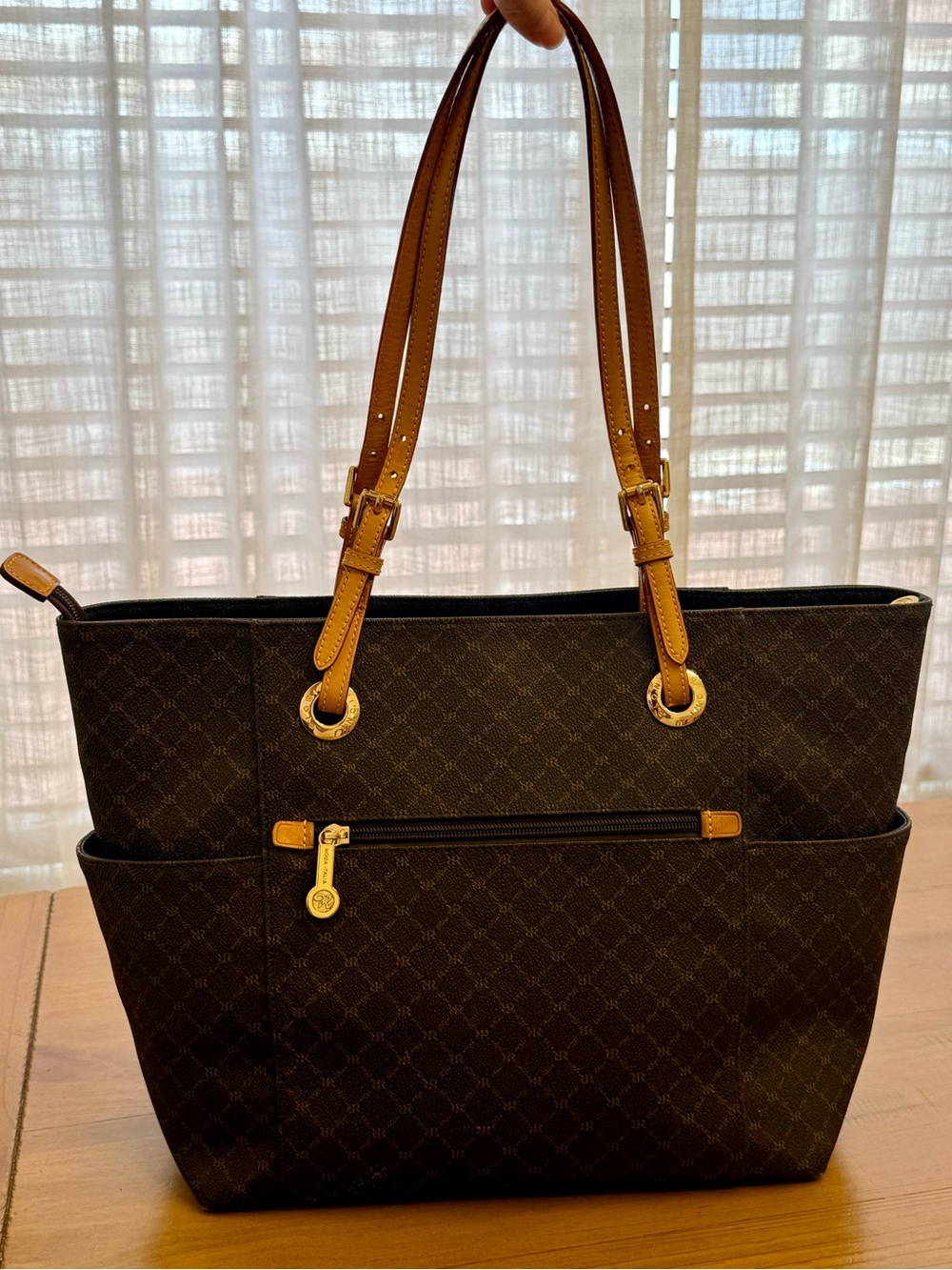 Rioni Moda Italia Canvas Tote Shoulder Bag Brown Monogram Print Handbag J9836Y - Picture 9 of 13